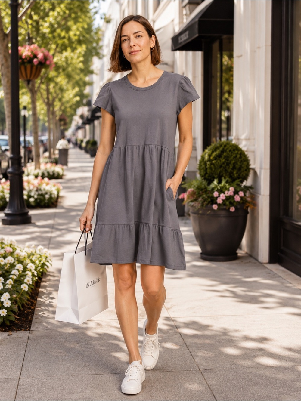 Casual Short Sleeve Tiered 100% Cotton Dress in Gray